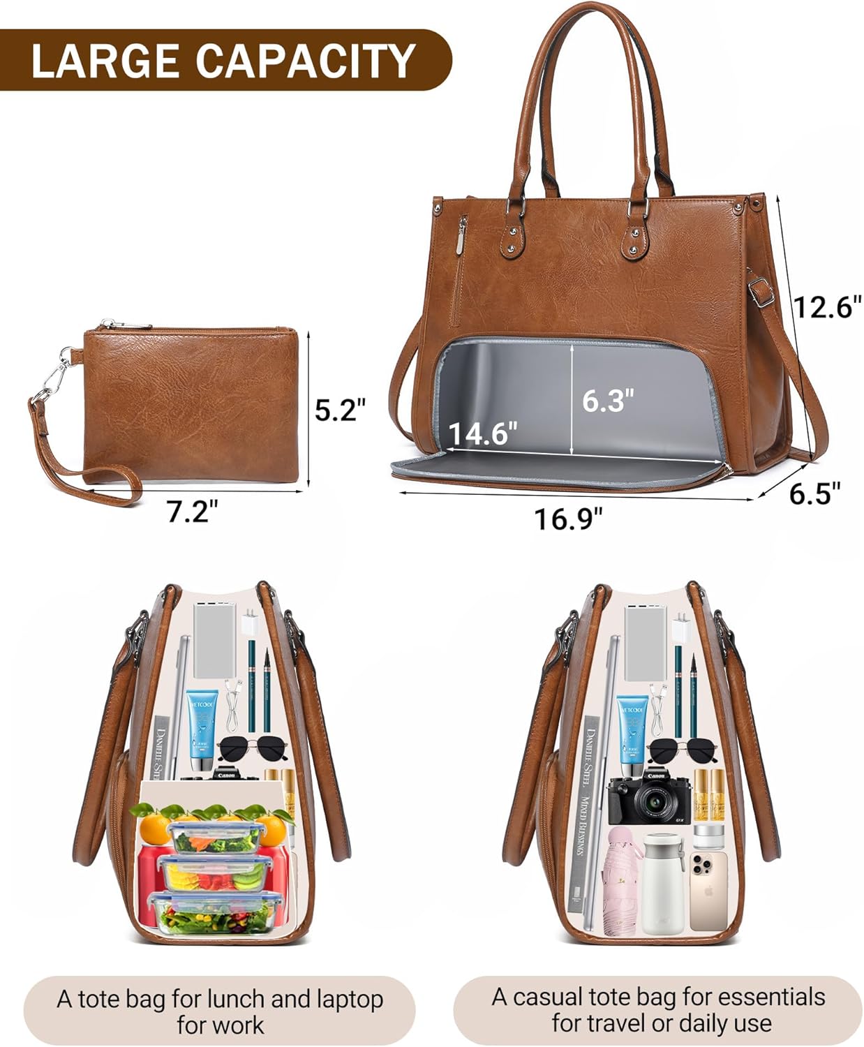 Leather Work Bag Laptop - Bolso Tote 2 en 1 para