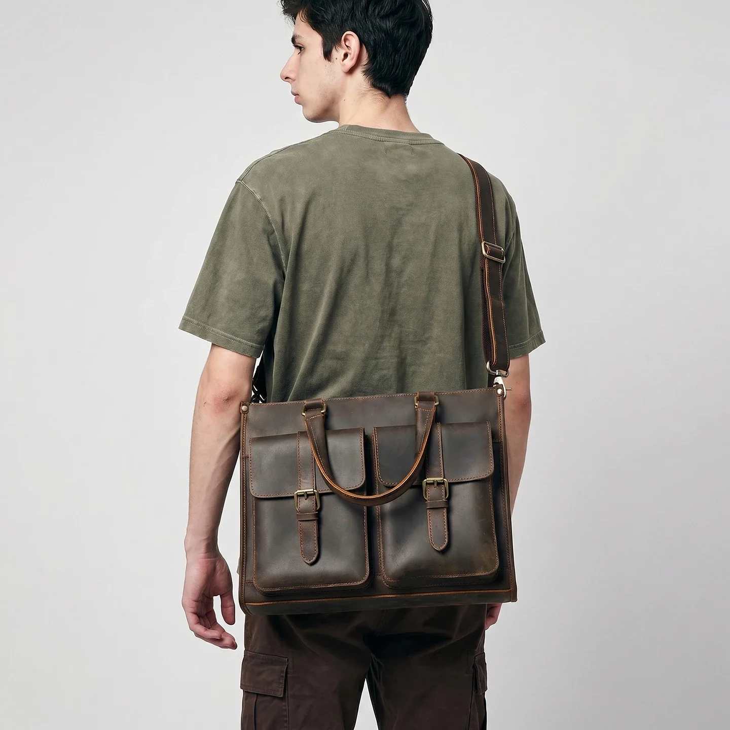 Leather Work Bag Laptop - Maletín de Cuero Genuino Vintage para