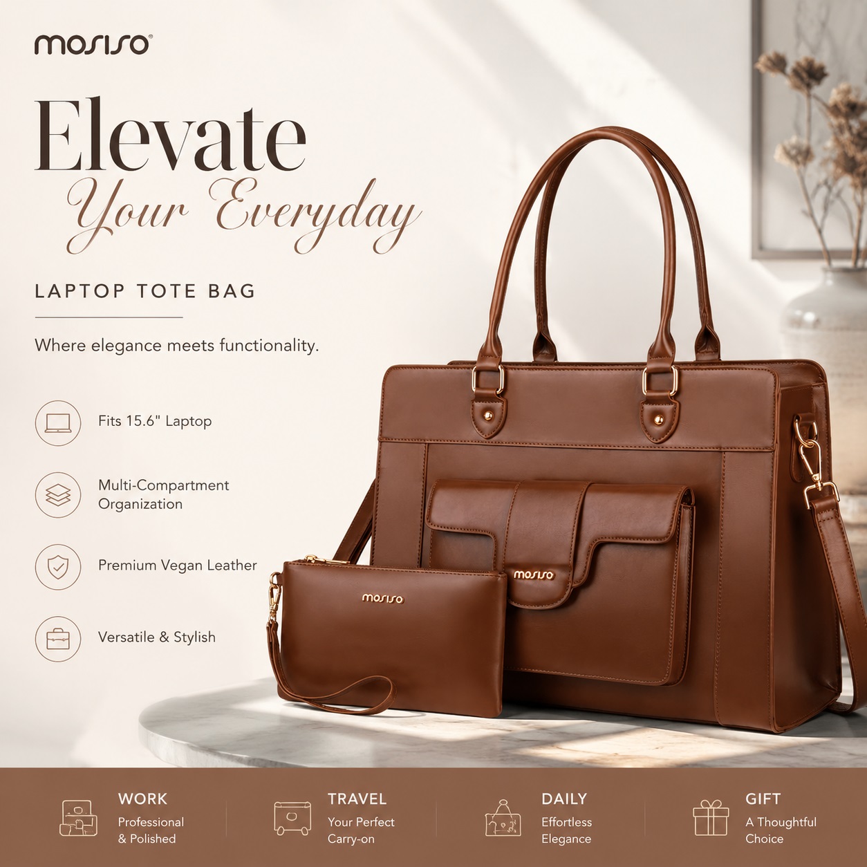 Leather Work Bag Laptop - MOSISO Bolso de mano para portátil